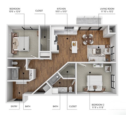Floor plan for 2 beds, 2 baths, 838 sqft